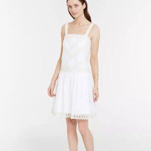 Ann Taylor Women Dress 10 White Silk Cotton‎ Embroidered Lace Drop Waist Cottage